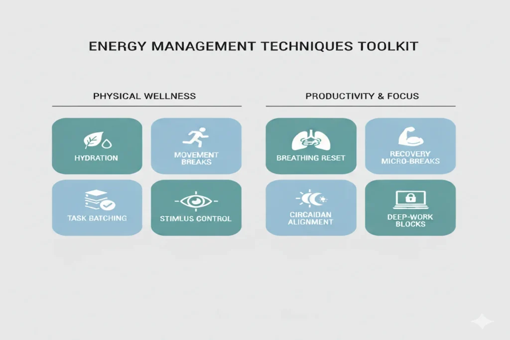 Illustrated toolkit showing major energy management techniques.