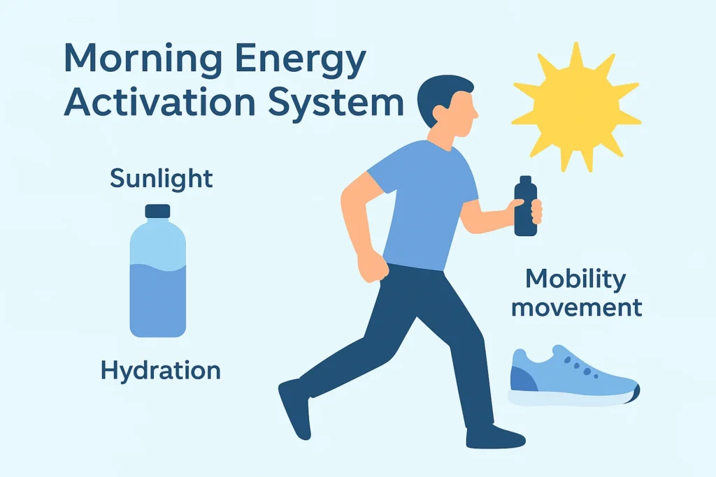 Illustration of a person doing light morning activation with sunlight, hydration, and mobility movement.