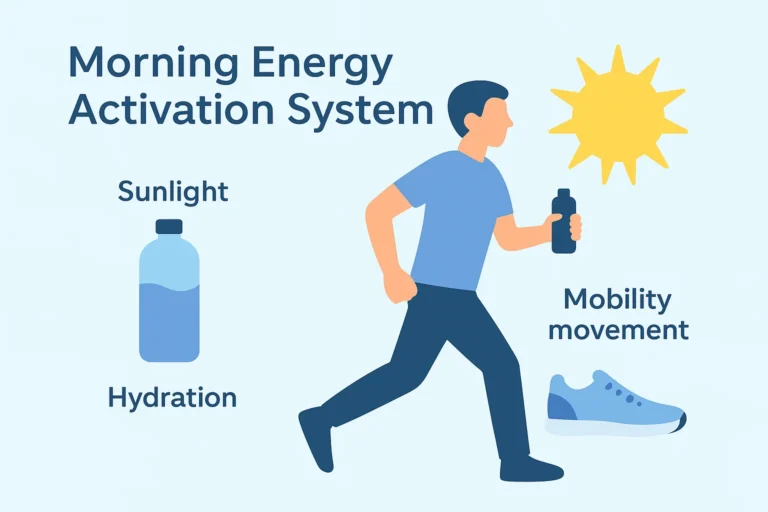 Illustration of a person doing light morning activation with sunlight, hydration, and mobility movement.